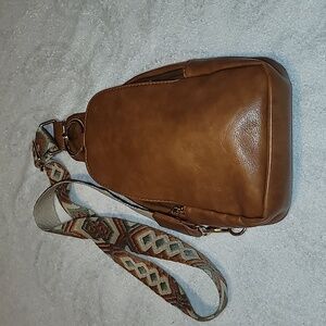 Bunulu Brown Faux Leather Sling Bag with Geometric/Southwest Look Strap